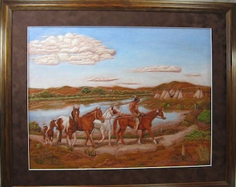 Native American Picture, Hand Carved Leather Wall Art