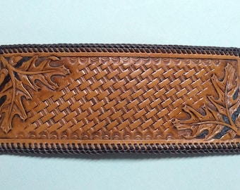 Leather Wallet With Hand Carved Oak Leaf Corners and Basketweave Design