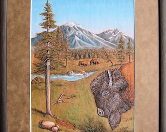Hand Carved Leather Buffalo Picture/Mountain Scene With Buffalo