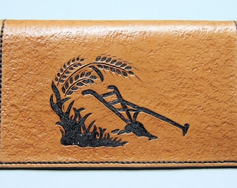Leather Checkbook Cover with Walk Behind Plow Design