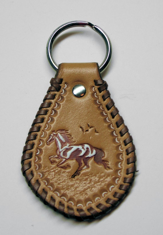 Leather Running Horse Key Chain Hand Tooled Key Fob Etsy