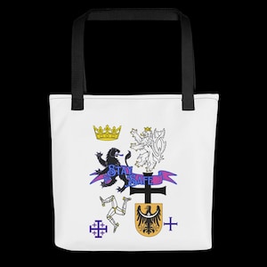 May include: White tote bag with black handles featuring a heraldic design. The design includes a black lion, a white lion, a gold crown, and the words "STAY SAFE" on a purple banner. Additional symbols include a cross and a shield.