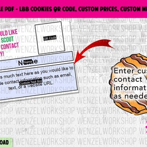 Może przedstawiać: Dostosowywalny szablon PDF do sprzedaży ciasteczek Girl Scout. Szablon zawiera kod QR, miejsce na niestandardowe ceny i niestandardowe pole wiadomości. Szablon zawiera również miejsce na imię i niestandardowe pole tekstowe do wprowadzenia dodatkowych informacji.