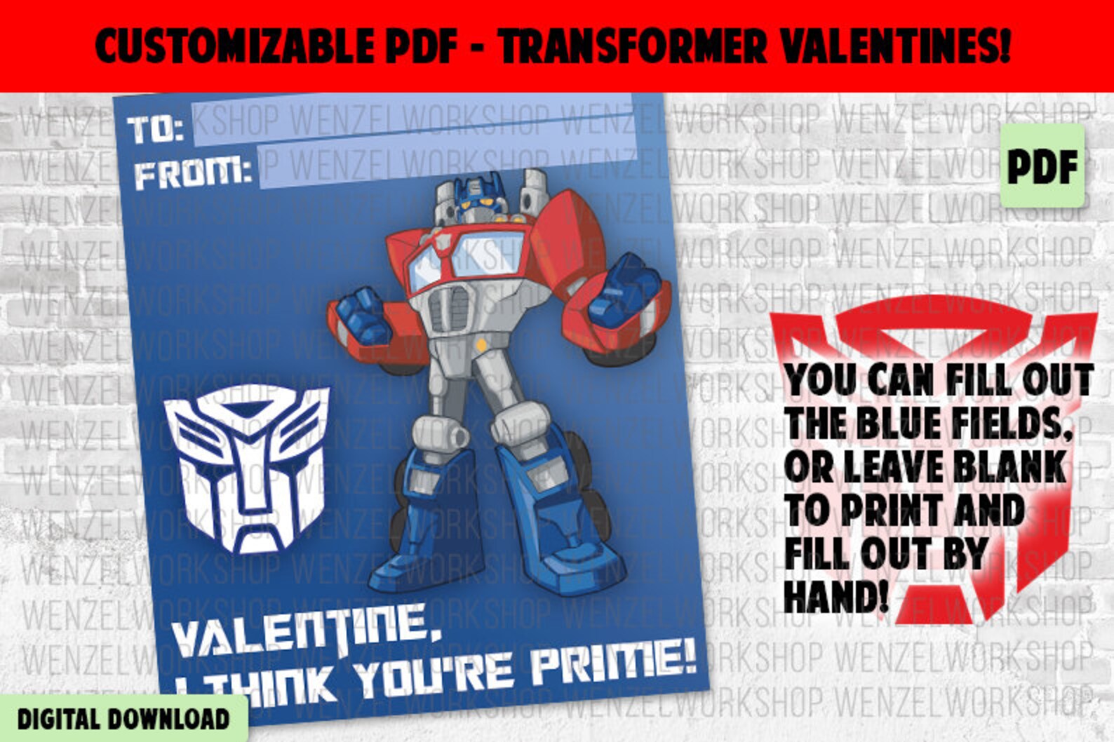 Customizable Transformer Valentines / Printable Valentine's Day Cards