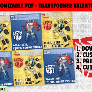 Transformer Valentines personnalisables / Cartes imprimables de la Saint-Valentin / Bumble Bee et Optimus Prime Valentine Cards pour les enfants