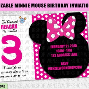 May include: A pink and black Minnie Mouse birthday invitation for a 3-year-old. The invitation features a pink polka dot background with a black Minnie Mouse head and a pink bow. The text on the invitation reads "Oh Coddles! Reagan is turning 3. Please join us to celebrate with a little cake and a lot of fun!"  The date and time of the party are listed as "February 21, 2015, 10am-1pm". The address is "123 Address Lane". The RSVP information is "WenzelWorkshop.com".