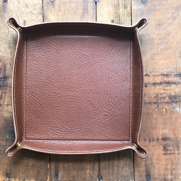 Leather Valet Tray; Luxury Collapsible Catch-all Desk Organizer- Handmade & Hand-stitched