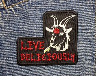 Live Deliciously Embroidered Patch. Horror Movie Inspired Patches. Iron On Backing.