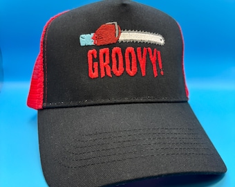 Groovy Trucker Cap. Horror Movie Inspired Embroidery.