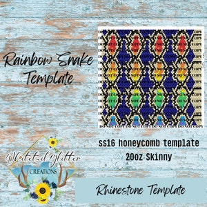 May include: A rainbow snake rhinestone template for a 20oz skinny tumbler. The template is designed for ss16 honeycomb rhinestones. The template features a colourful snake design with a black background.