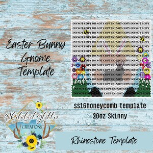 Könnte beinhalten: Eine farbenfrohe Strass-Schablone für einen Osterhasen-Zwerg. Die Schablone ist für die Verwendung mit 20oz Skinny Tumblern und ss16 Waben-Strasssteinen konzipiert. Die Schablone enthält den Text "NICHT KOPIEREN", der mehrmals wiederholt wird.