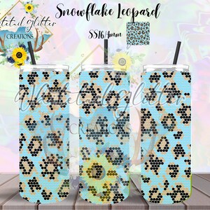 May include: Three 20 ounce stainless steel tumblers with a blue and brown snowflake leopard print design. The tumblers are shown with straws. The text "Snowflake Leopard" and "SS16/4mm" are visible in the image.