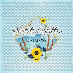 May include: A logo design with the text "Whitetail Glitter Creations" in a script font, inside a gold diamond. The design incorporates a watercolour background, deer antlers, and floral elements with sunflowers and blue accents, set against a light blue backdrop.
