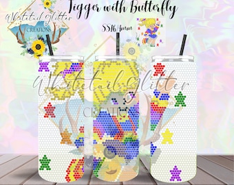 May include: Three stainless steel tumblers with a colorful design. The design features a cartoon character, a butterfly, and star shapes. The tumblers have a black straw and the text "Jigger with Butterfly" and "Whitetail Glitter Creations".