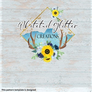May include: A digital design template for a 30 ounce skinny tumbler featuring a whitetail deer antler with sunflowers and blue flowers. The text "Whitetail Glitter Creations" is displayed in a gold frame.