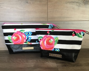 Openwide Floral Stripe Project Pouch, Makeup Case, Travel Bag, Faux Leather or Marine Vinyl (Large or Small)