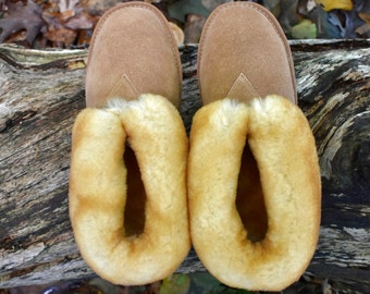 May include: A pair of tan suede slippers with a plush, cream-colored interior. The slippers are open-toed and sit on a weathered log surrounded by fallen leaves, suggesting a cozy, outdoor theme. The slippers appear soft and comfortable.