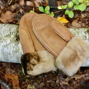 Ladies Sheepskin Mitten with a Rex Rabbit Cuff in Brown Frost