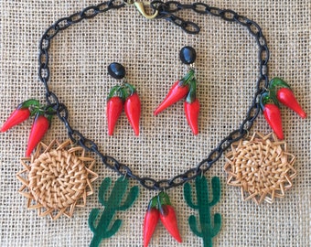 Vintage Inspired* Retro Cactus & Chilli Necklace Mexican Fiesta