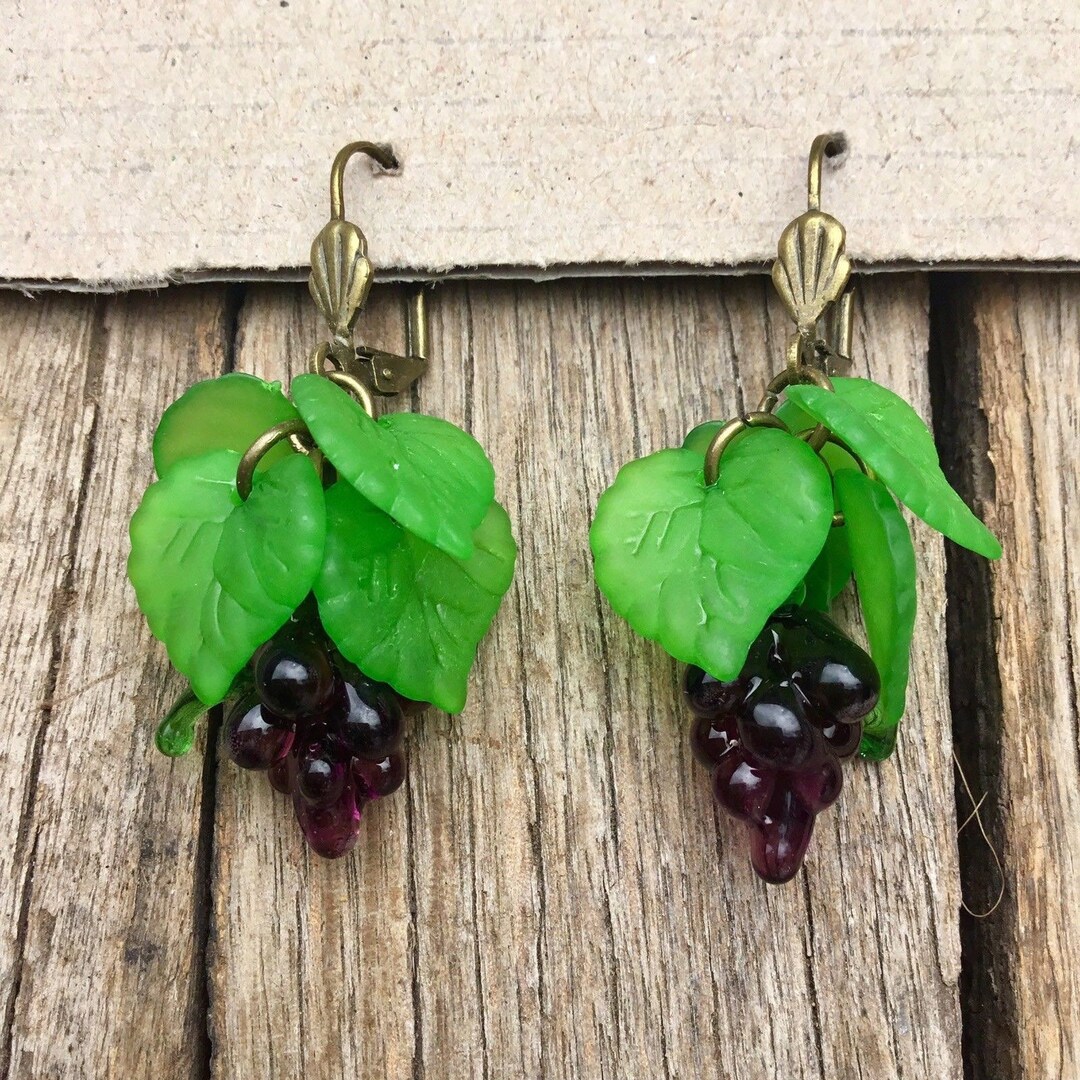Vintage Inspired Glass Fruit Earrings Grapes Brass Etsy