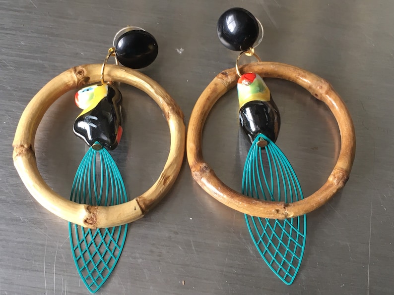Vintage Inspired* Tiki Bamboo Hoops Tropical Birds