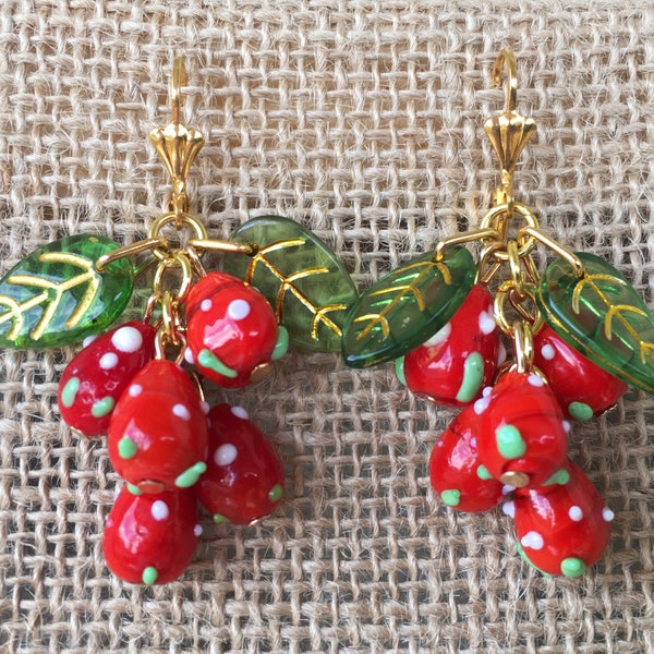 Vintage Inspired* Glass Fruit Salad Earrings, Strawberry, Gold *1940's Pinup*