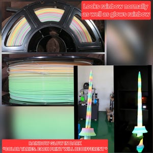 Pode incluir: Uma bobina preta de filamento de impress&atilde;o 3D colorido com arco-&iacute;ris. A imagem tamb&eacute;m mostra uma espada colorida com arco-&iacute;ris que brilha no escuro. O texto na imagem diz: "Looks rainbow normally as well as glows rainbow" e "RAINBOW GLOW IN DARK *COLOR VARIES. EACH PRINT WILL BE DIFFERENT*"