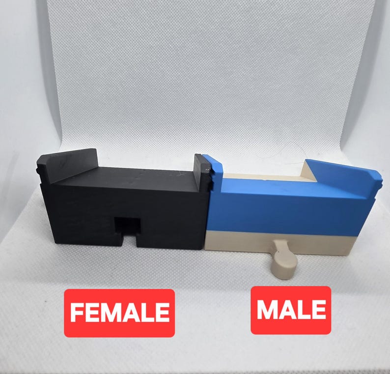 Pode incluir: Um objeto impresso em 3D de duas partes e multicolorido. Uma se&ccedil;&atilde;o &eacute; preta, a outra &eacute; azul e bege. A palavra "FEMALE" &eacute; impressa em um ret&acirc;ngulo vermelho, e "MALE" em outro ret&acirc;ngulo vermelho.