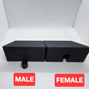 Pode incluir: Dois objetos pretos de formato geom&eacute;trico, um com uma pe&ccedil;a saliente e o outro com um recorte correspondente. A palavra "MALE" est&aacute; num ret&acirc;ngulo vermelho abaixo do primeiro objeto, e "FEMALE" abaixo do segundo.