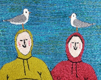 Seaside Gulls framed Machine Embroidery