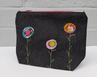 Make up/Toiletry bag. Waterproof lined. Fabric applique and free machine embroidery zip purse.