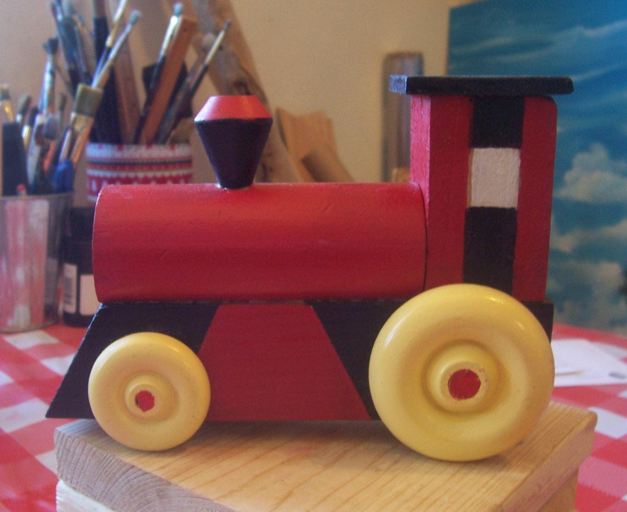 Red and Black Wooden Toy Train Engine Etsy