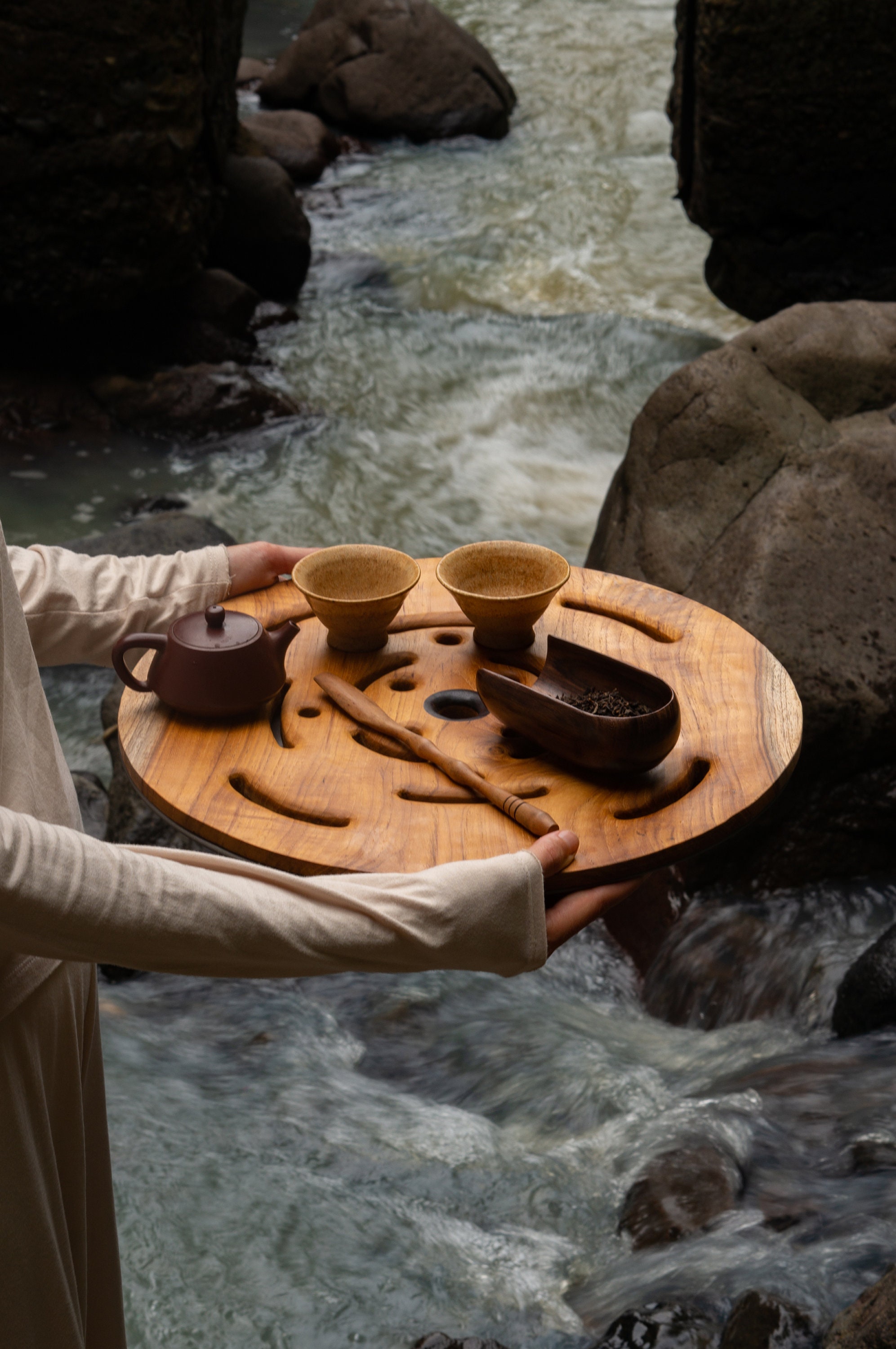 Bewinner Gongfu Teetablett Set - Traditionelles Teebrett Mit Wasserablauf & Orchideen-Muster