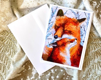Red Fox “Warm Hugs” Card print of original fox painting, fox kit and mother, mother’s day fox card, cute fox card