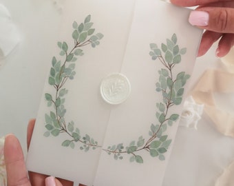 Printed Eucalyptus Vellum Wrap 5 x 7, Vellum Jacket With Eucalyptus Foliage Wreath, Greenery Parchment Sleeve, Rustic Wedding Invitation DIY