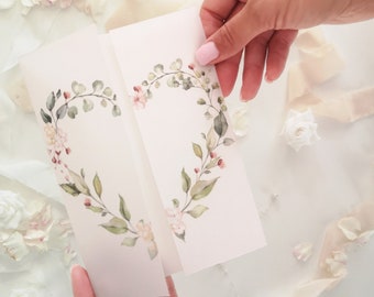 Printed Vellum Wraps 5x7, Vellum Wrapper With Heart-Shaped Floral Wreath, Flower Parchment Wedding Invitation DIY, Floral Invitation Wrapper