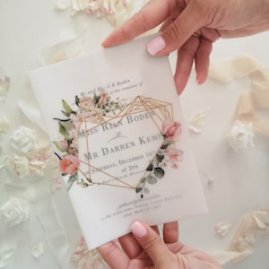 Floral Invitation Wrapper DIY, Printed Vellum Wraps 5x7, Soft Pink Floral Geometric Heart Vellum Jacket, Handmade image 1