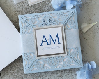 Blue Sky Square Invitaciones de boda con sobres gratis Silver Glitter Lace Elegant DIY Laser Cut Invitation Cards Set