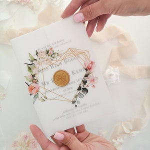 Floral Invitation Wrapper DIY, Printed Vellum Wraps 5x7, Soft Pink Floral Geometric Heart Vellum Jacket, Handmade image 4