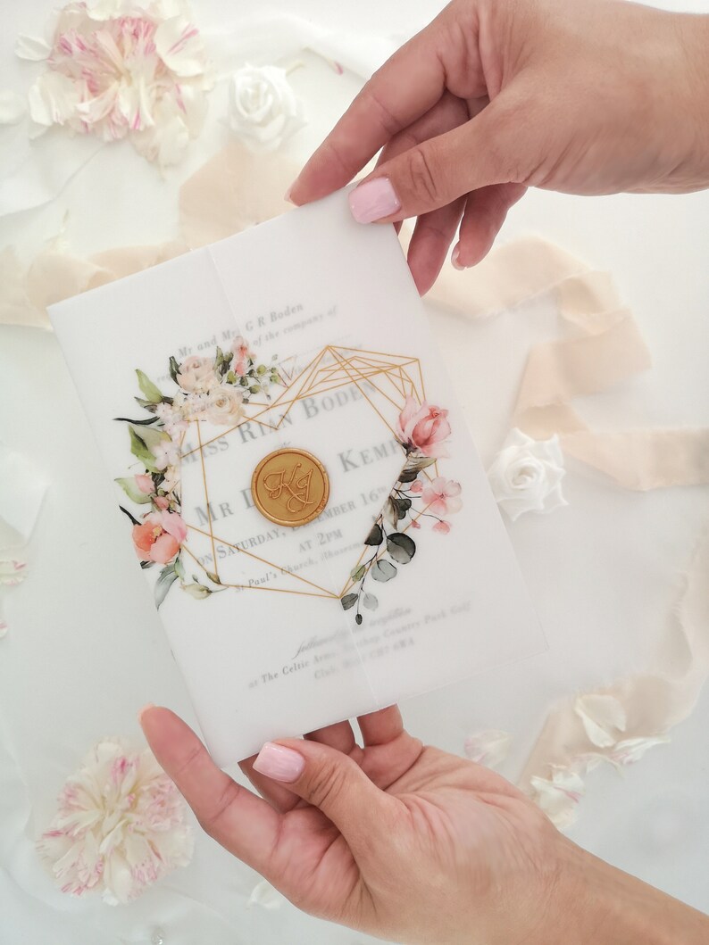 Floral Invitation Wrapper DIY, Printed Vellum Wraps 5x7, Soft Pink Floral Geometric Heart Vellum Jacket, Handmade image 4