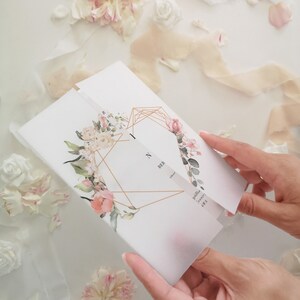 Floral Invitation Wrapper DIY, Printed Vellum Wraps 5x7, Soft Pink Floral Geometric Heart Vellum Jacket, Handmade image 5