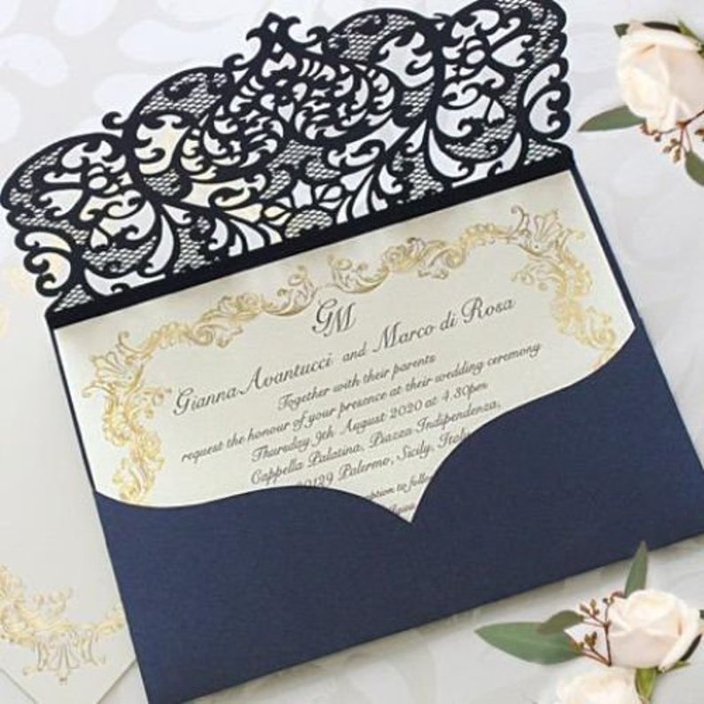 WEDDING INVITATIONS WITH ENVELOPES POCKET LASER CUT SET DIY 50 100 NAVY BLUE