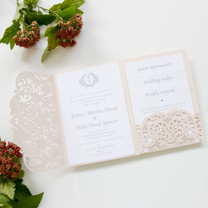 Wedding Invitations with Envelopes Laser Cut Cards Tri Fold Burgundy Marsala Wine Pocket with RSVP Elegant and Lace DIY kit PRE-PRINTED SAMPLE!