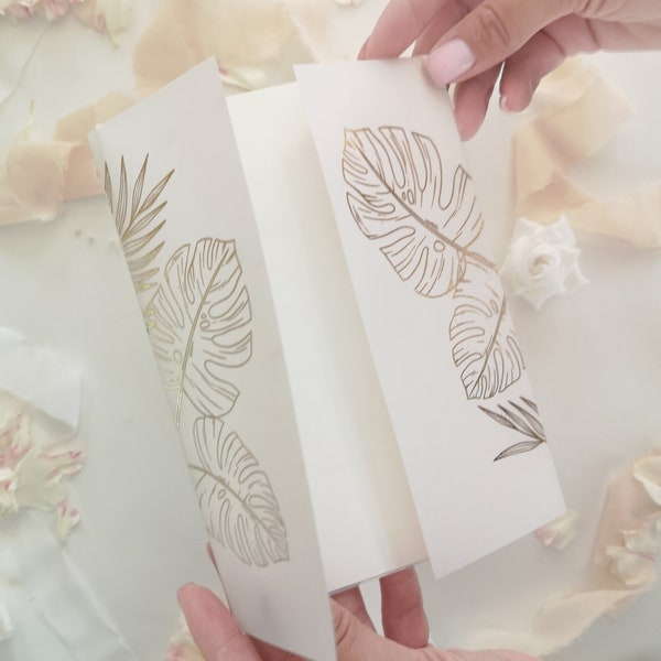 Monstera Leaves Vellum Jackets, Wraps for A7 Invitation Cards 5x7", Tropical Leaves Vellum Sleeves