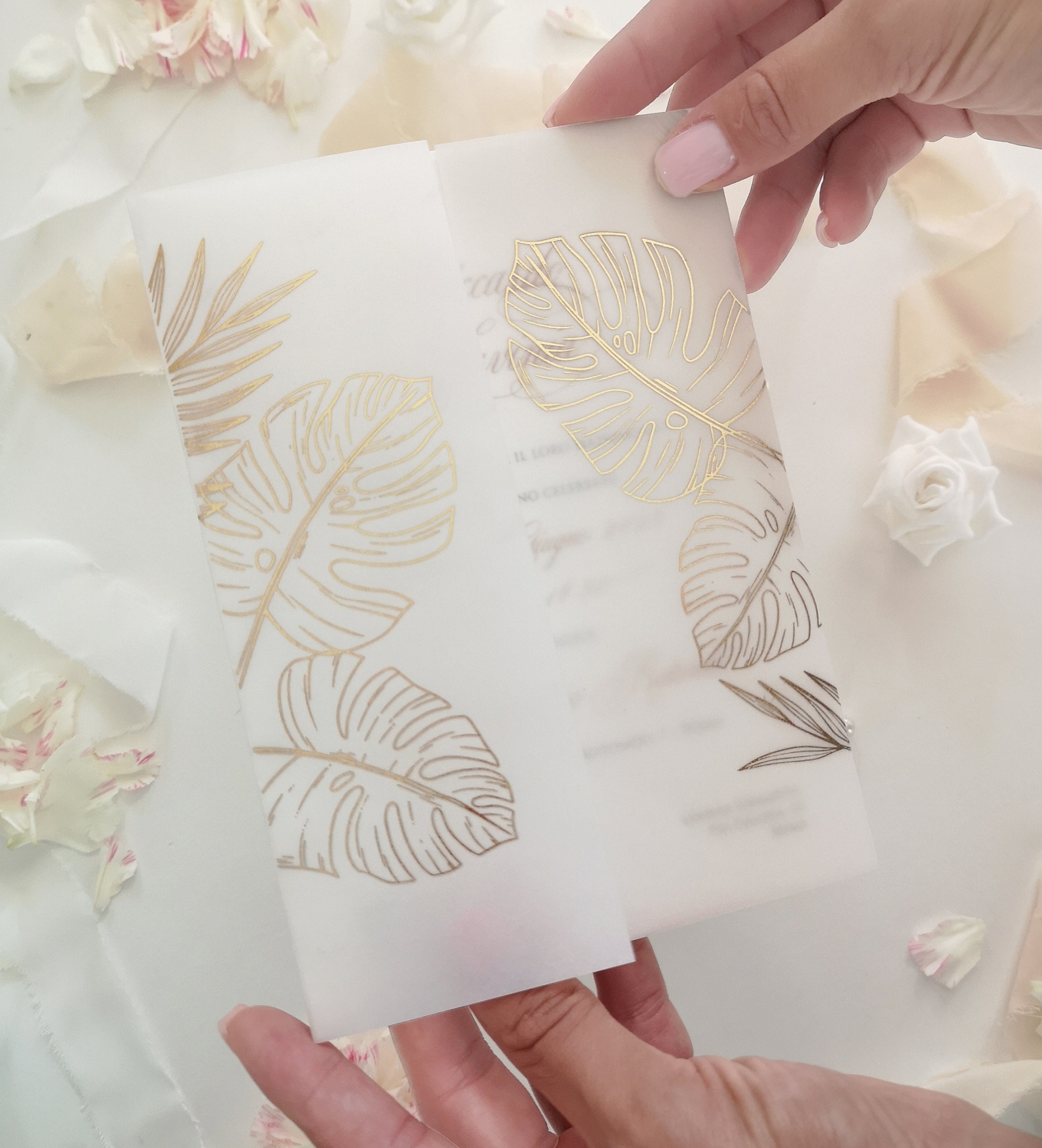 Monstera Leaves Vellum Jackets, Wraps for A7 Invitation Cards 5x7