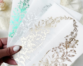 Estampage floral sur papier vélin blanc translucide, jaquettes en vélin pour cartes d'invitation A7, cartes de 5 x 7 pouces