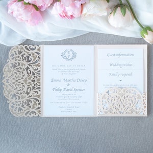 Einladungskarten Hochzeit Spitze Laserschnitt Weiß Karte Floral Blumen Quadrat 