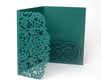 Forest Green Laser Cut Lace Covers - Wedding, Birthday, Christening Invitation, DIY Invitations, Cover + Envelope