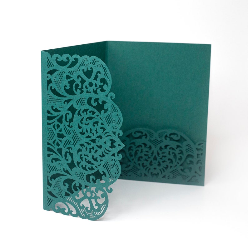 Forest Green Laser Cut Lace Covers Wedding, Birthday, Christening Invitation, DIY Invitations, Cover Envelope image 1