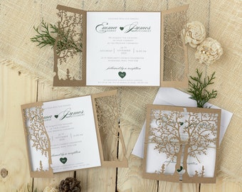 Invitaciones de boda con sobre Laser Cut Tree Pattern Eco DIY Invitations